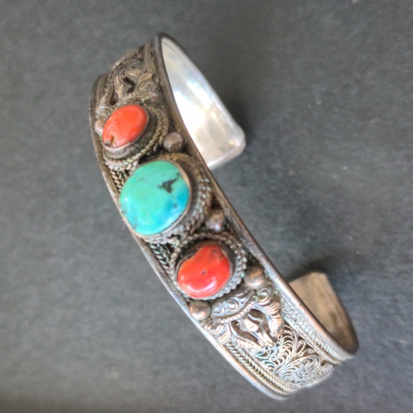 Jewelry - Vintage 925 sterling silver cuff bracelet w natural turquoise and red coral
